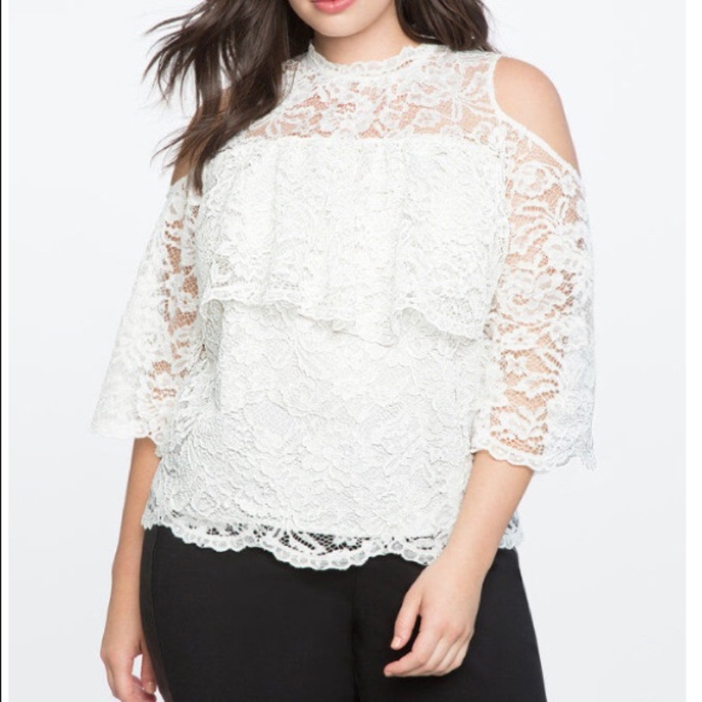 Eloquii Lace Cold Shoulder Overlay Top